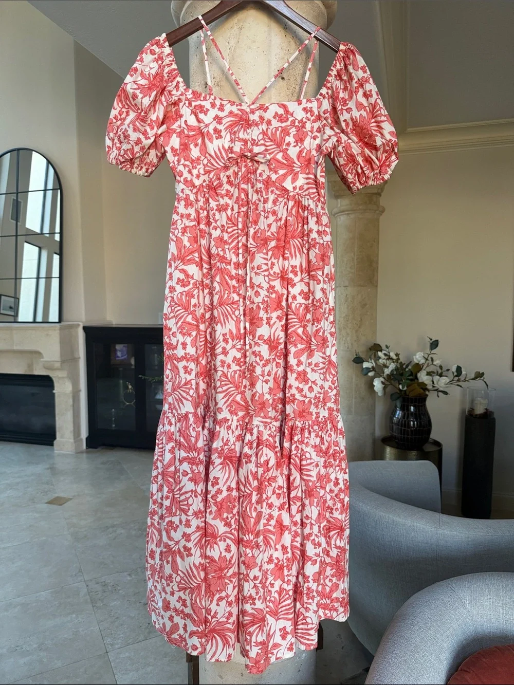 Aqua Coral and Creme White Floral Cotton Maxi Dress with Puff Sleeves Sz Small